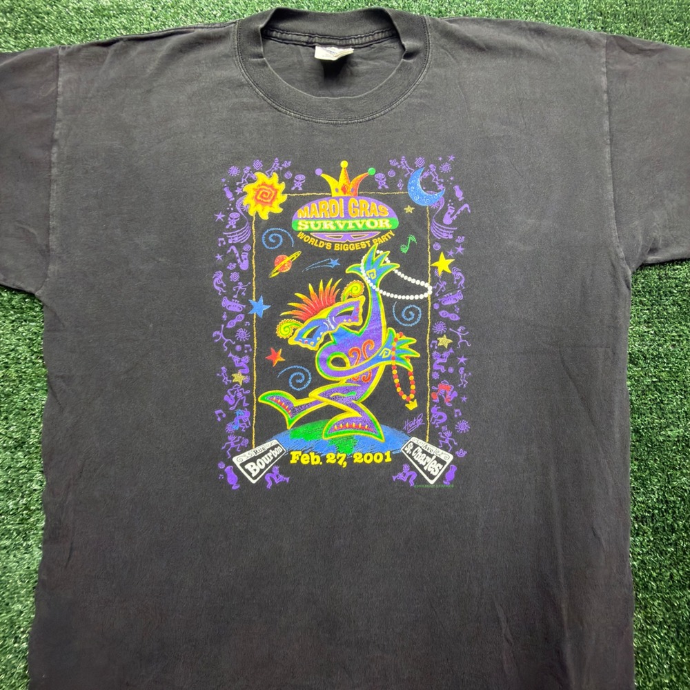 Vintage 2001 Mardi Gras Survivor T Shirt XL Black Captain Morgan Neon Graphic